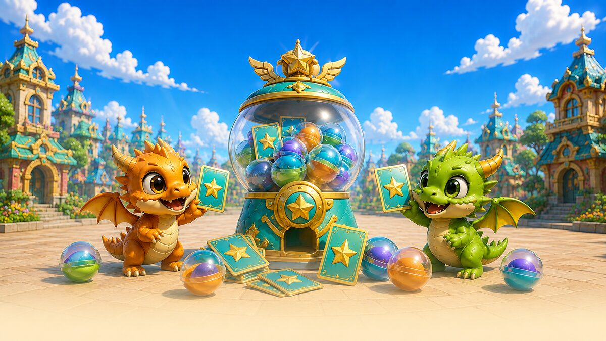 Two cute dragons holding gold-star collector cards beside a GachaGo gashapon machine full of capsules