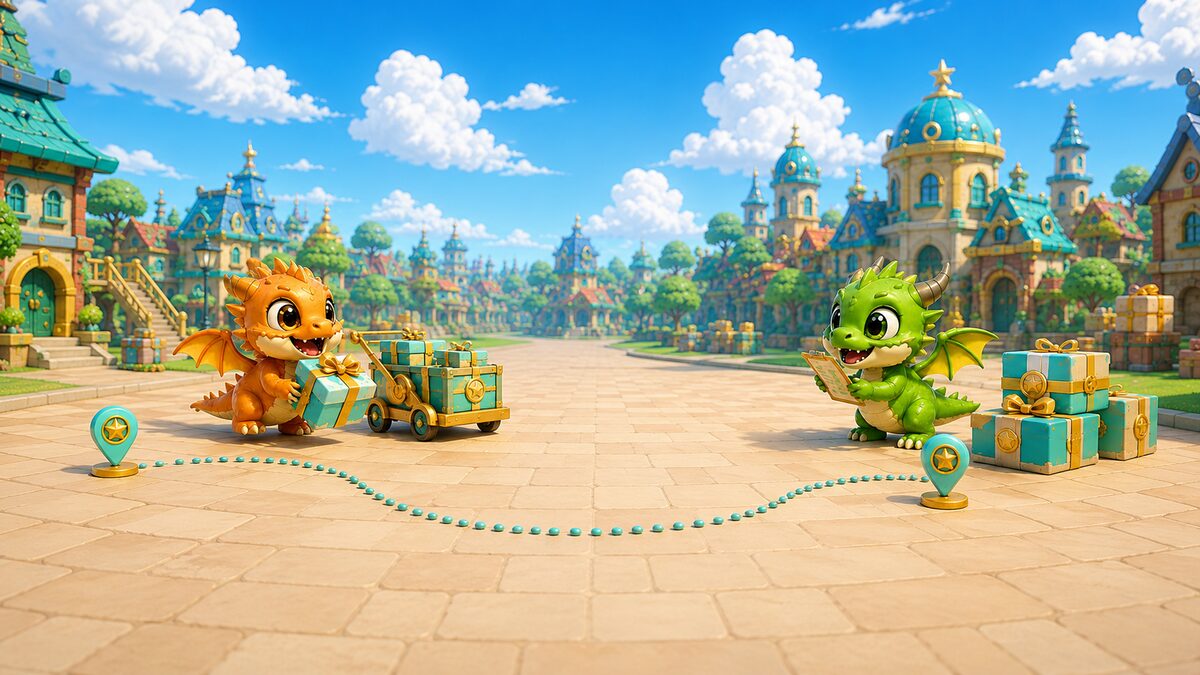Cute dragons delivering wrapped GachaGo gift parcels along a marked delivery route