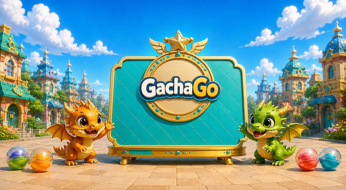Cute dragons standing either side of a golden GachaGo signboard