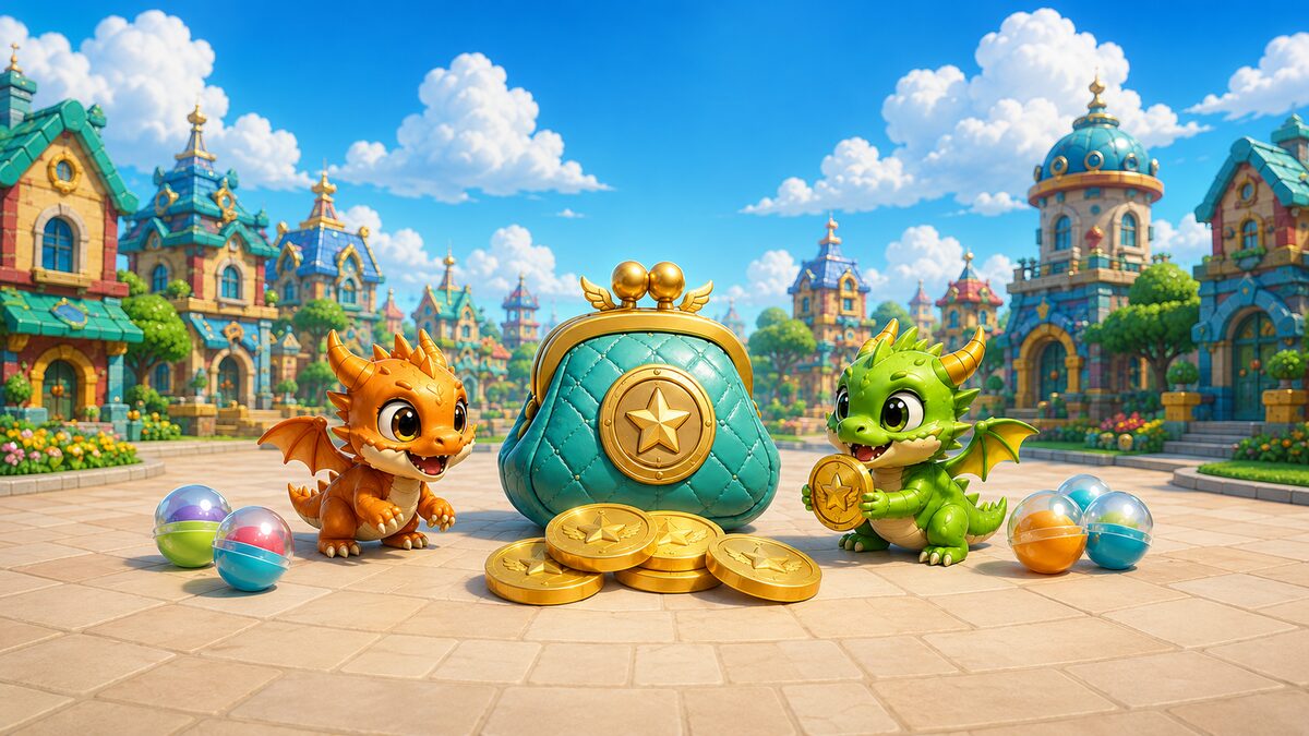 Two cute dragons beside a big teal coin purse and a pile of gold GachaGo tokens